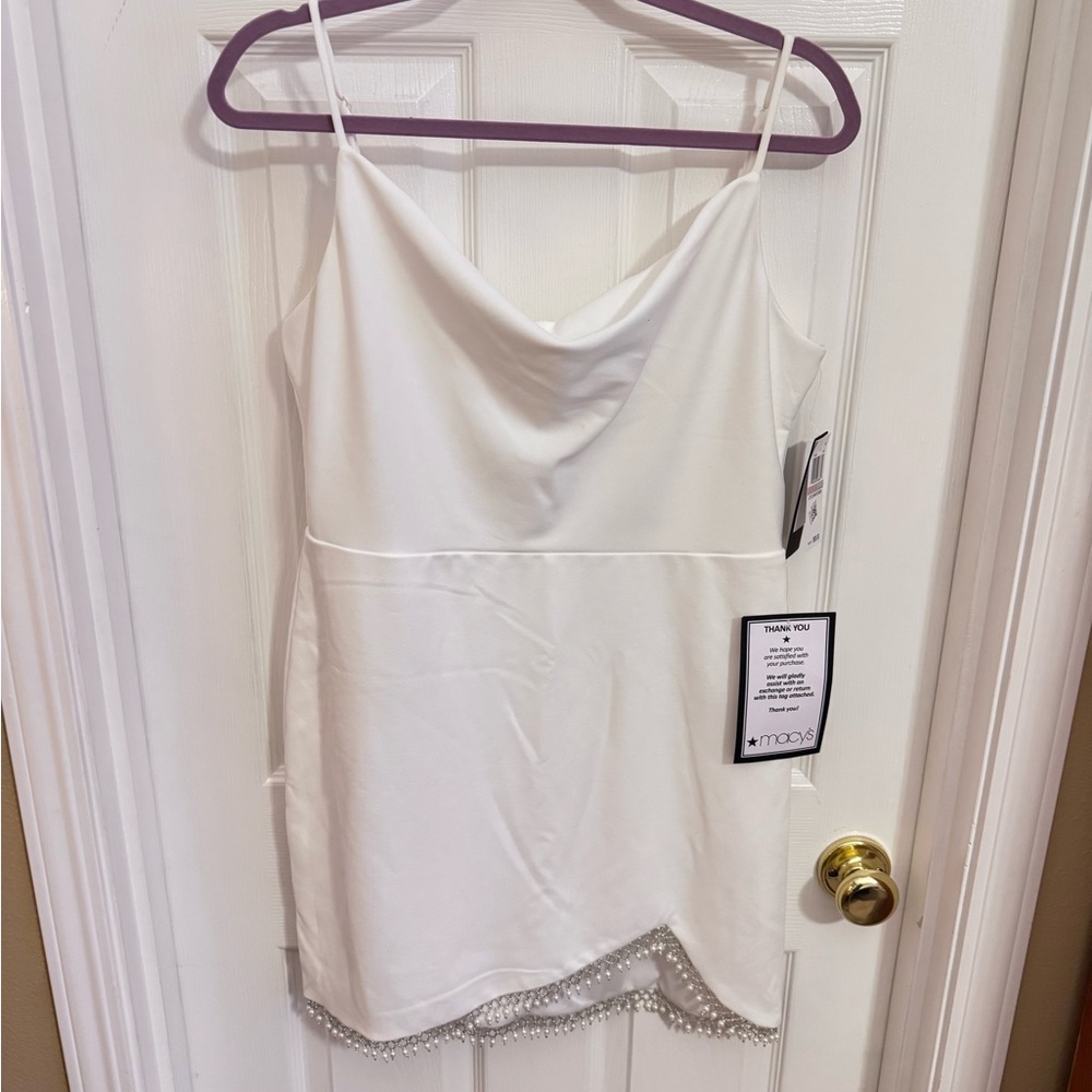 NWT White Spaghetti Strap Formal Dress with Pearl Beaded Hem